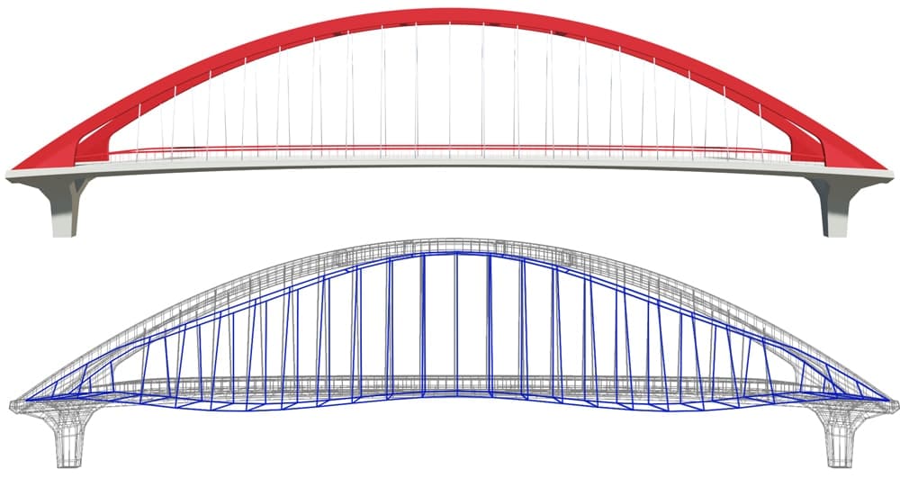 Tied arch bridge showing deflection