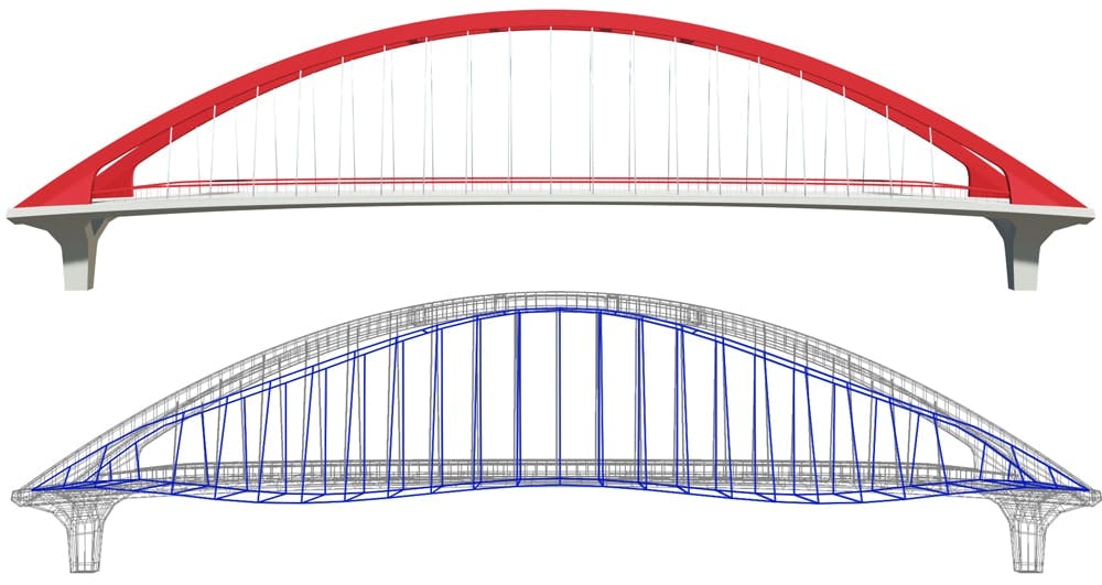 Tied arch bridge showing deflection