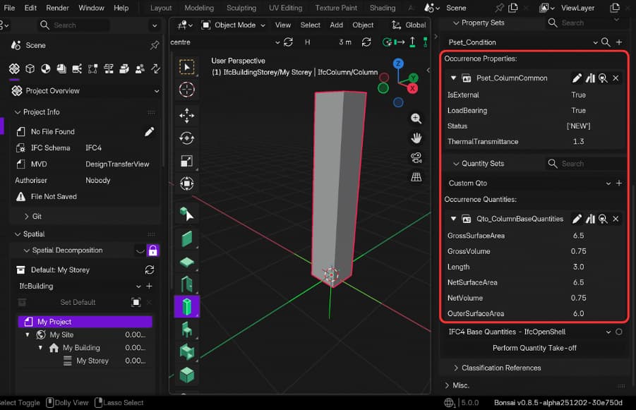 Bonsai BIM reading information about the column (quantities and Property Set) | EngineeringSkills.com