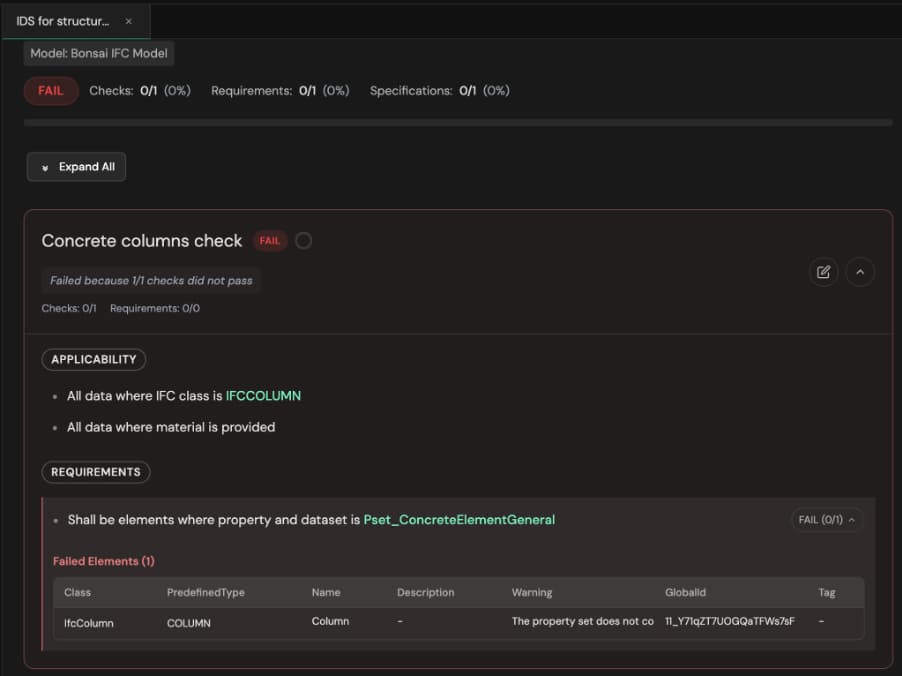 Information Delivery Specification. The report after running a check using IDS, in this case showing what specification was not met (the property set Pset_ConcreteElementGeneral information should be present for any concrete columns) | EngineeringSkills.com
